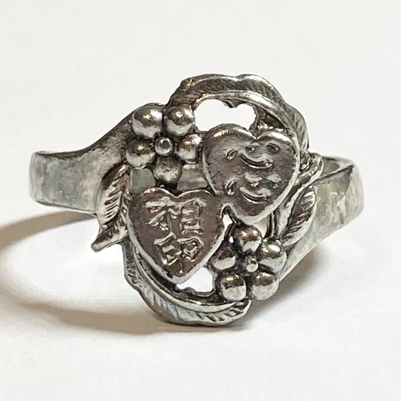 Vintage Heart Ring Size 9 Two Hearts Silver Tone Leaves Flowers Chinese Letter - Picture 2 of 7